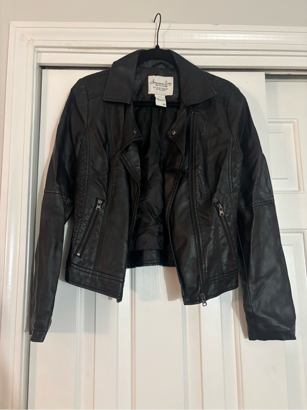American Rag Black Faux Leather Moto Jacket with Zip Pockets